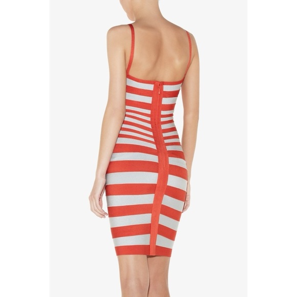 Herve Leger Andreea Striped Bandage Dress Size S  Orange & Grey  V-Neck Bodycon - Picture 2 of 9